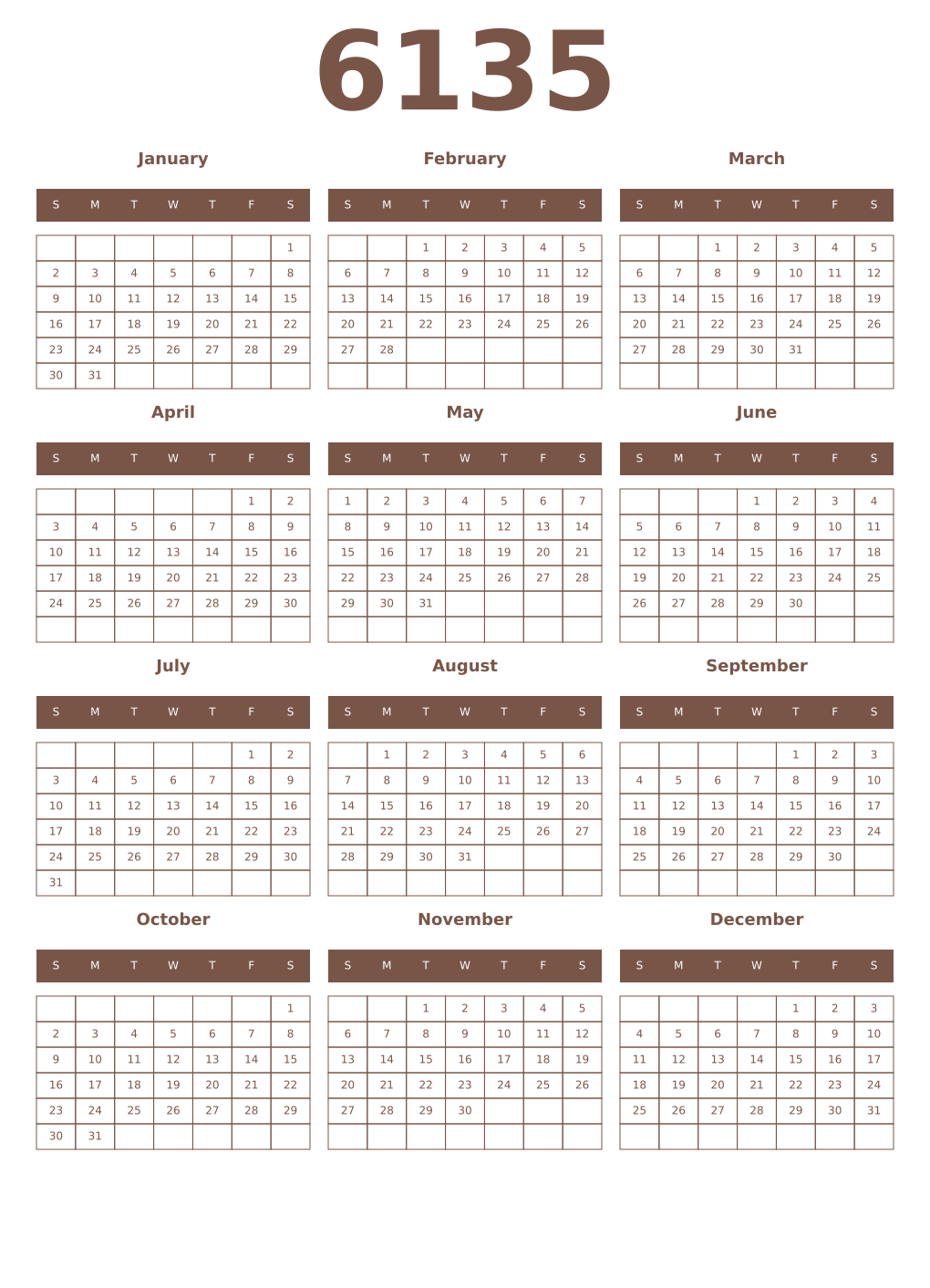 Printable 6135 Year Calendars coffe