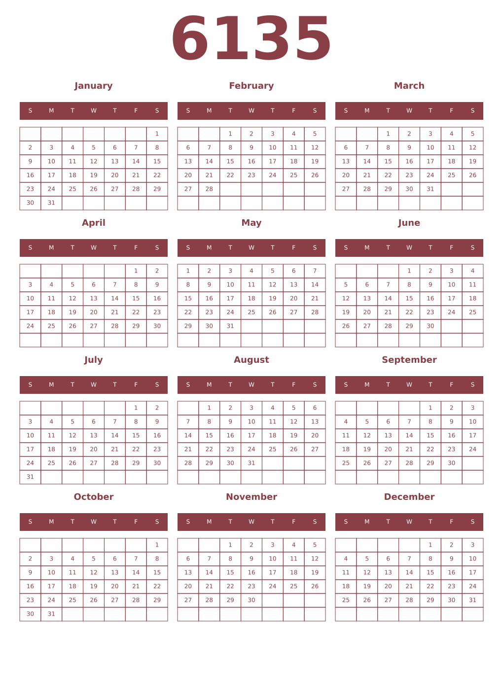 Printable 6135 Year Calendars cordovan