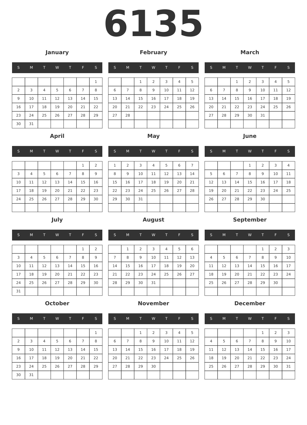 Printable 6135 Year Calendars dark