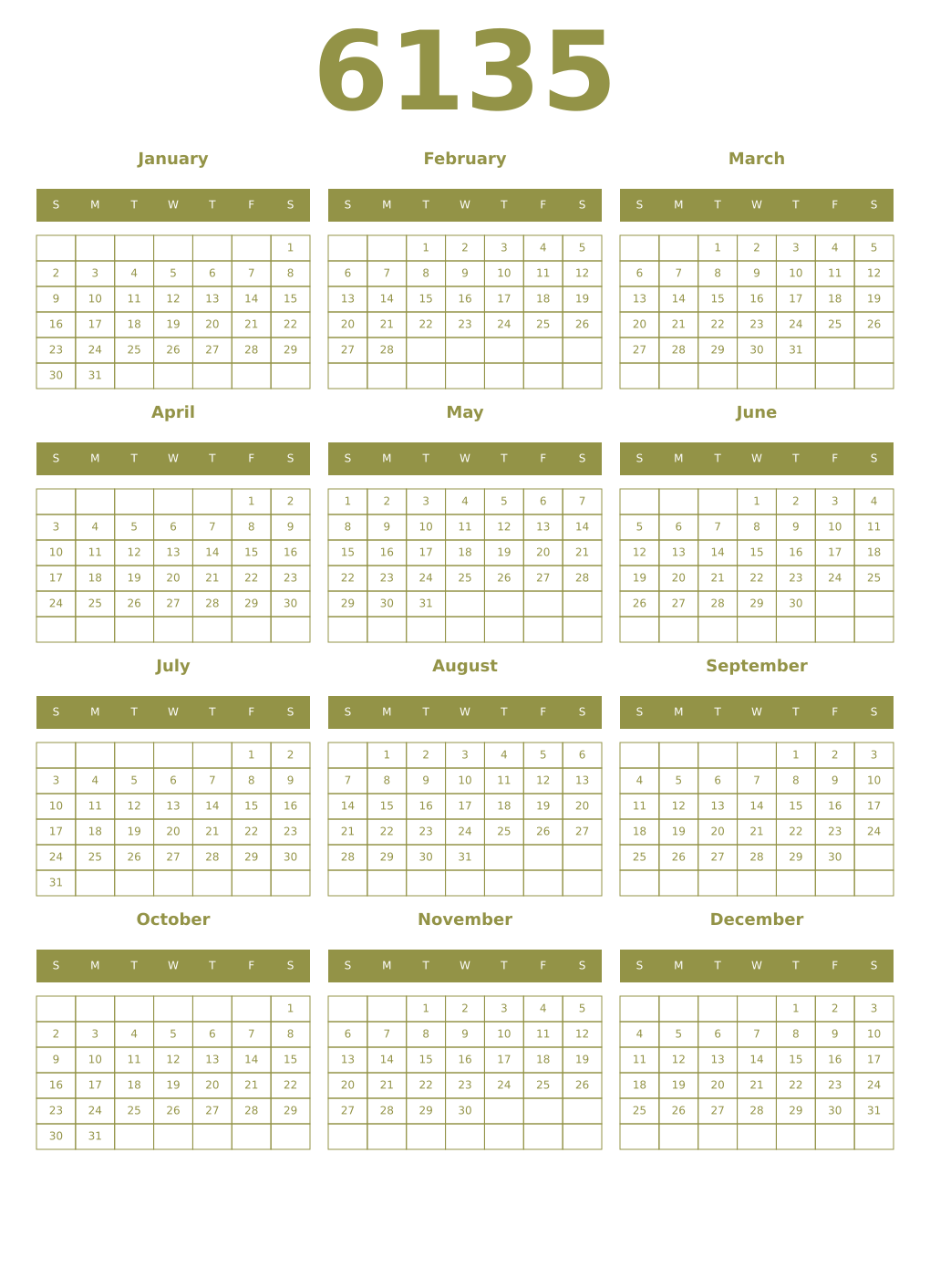 Printable 6135 Year Calendars eburnean
