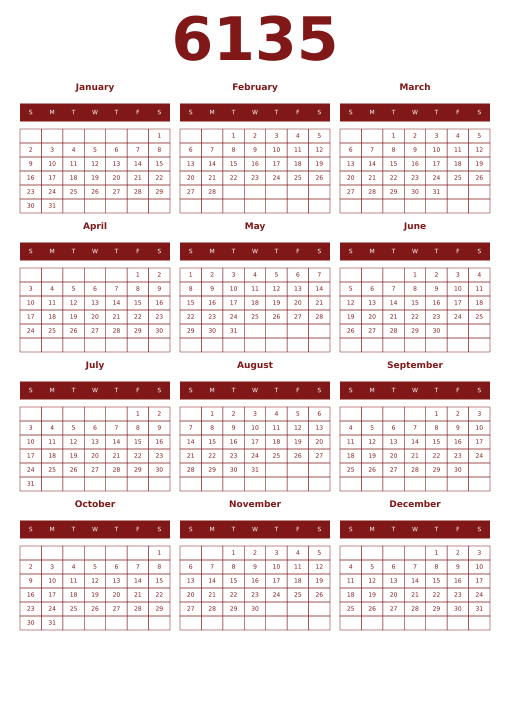 Printable 6135 Year Calendars falu