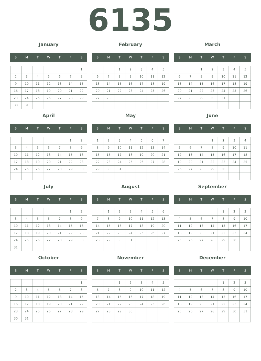 Printable 6135 Year Calendars feldgrau