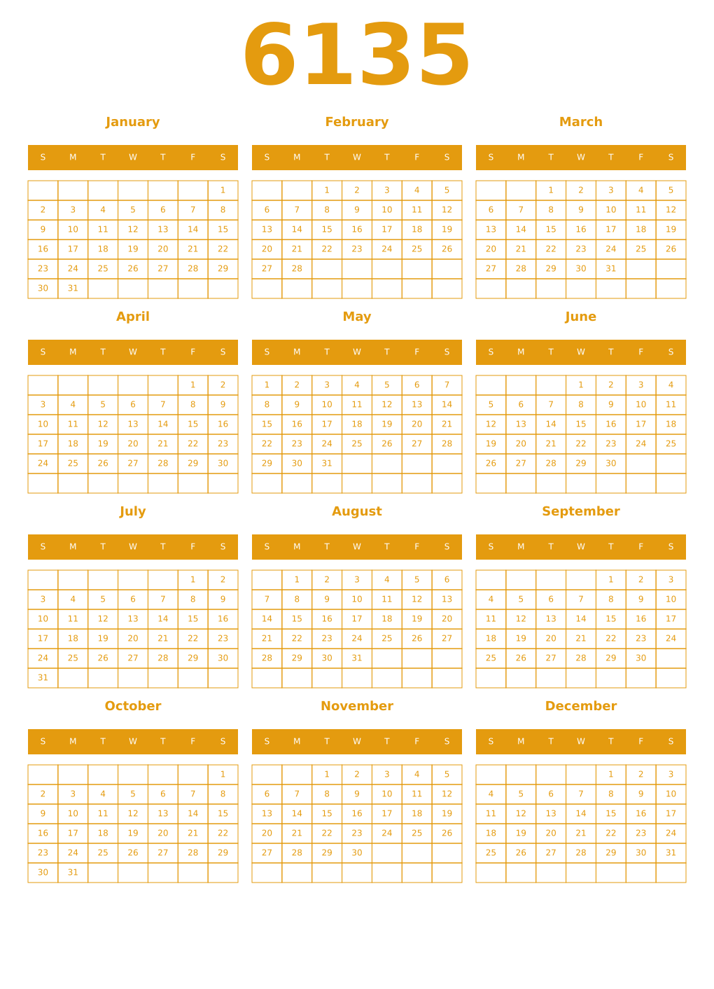 Printable 6135 Year Calendars gamboge