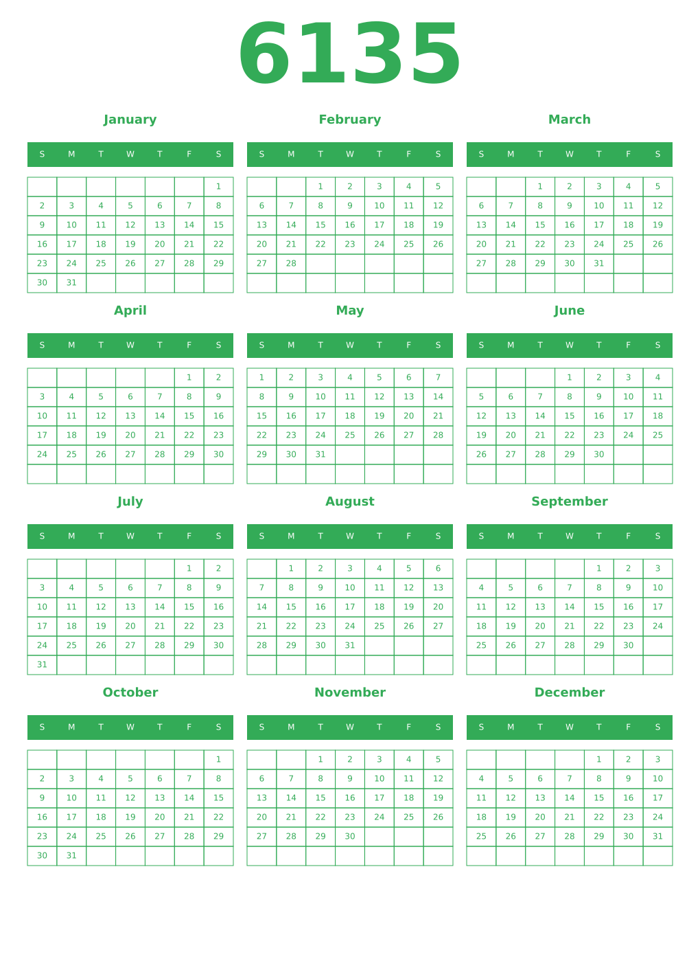 Printable 6135 Year Calendars green