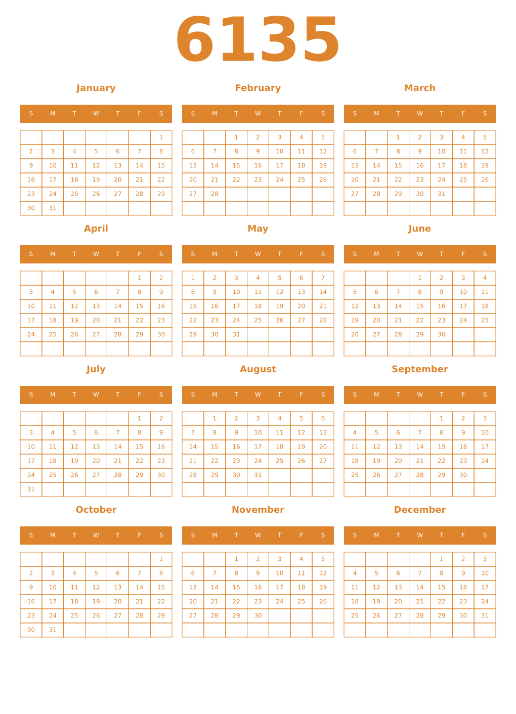 Printable 6135 Year Calendars orange