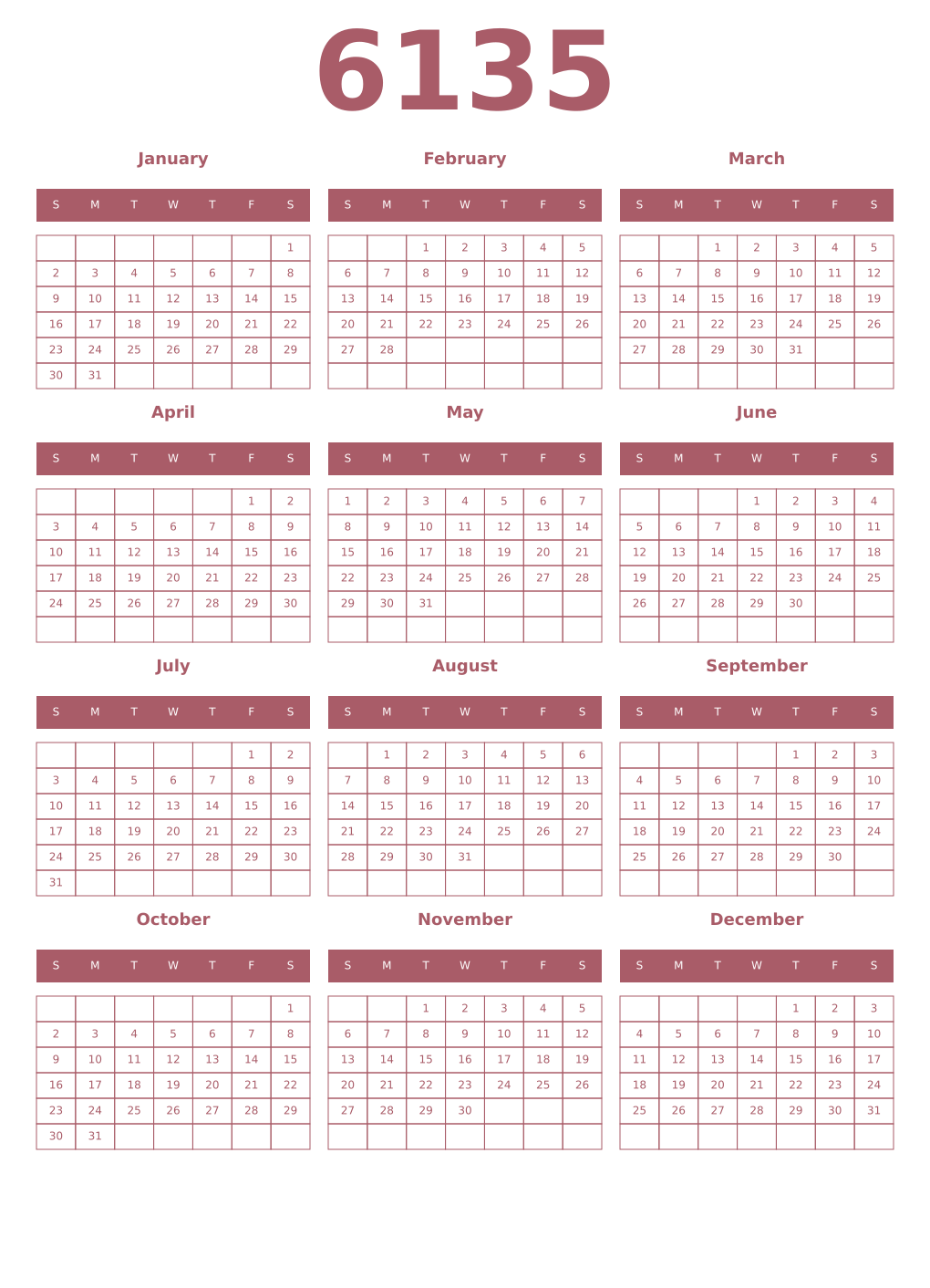 Printable 6135 Year Calendars puce