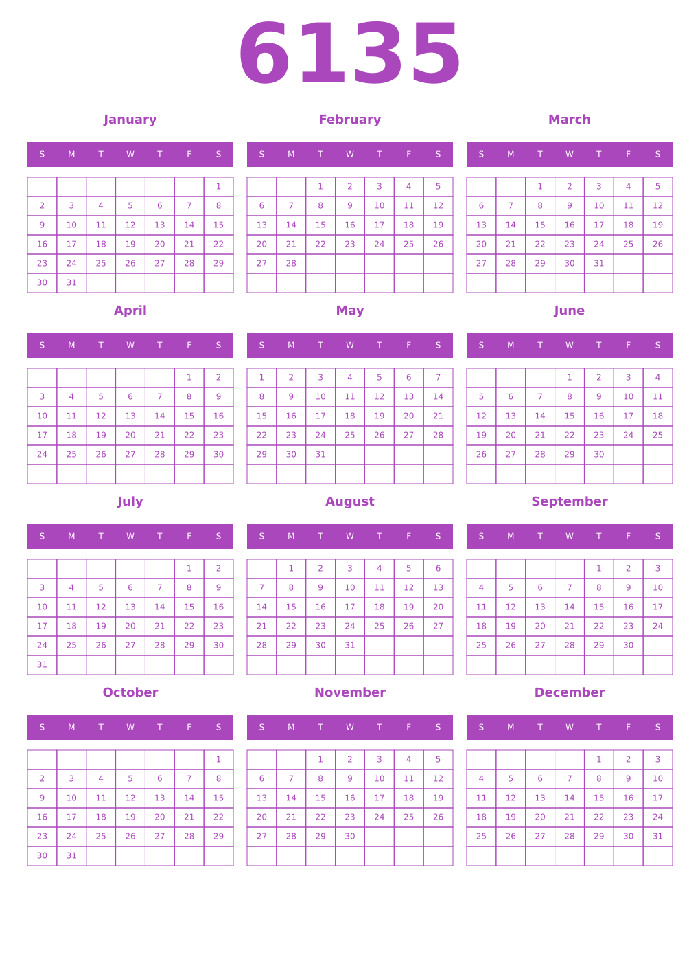 Printable 6135 Year Calendars purple