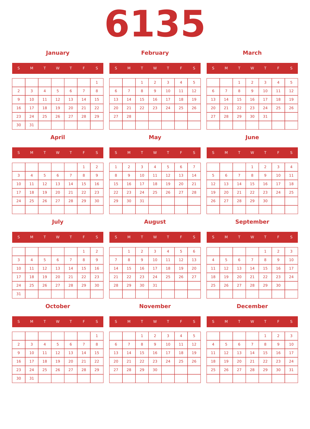 Printable 6135 Year Calendars red