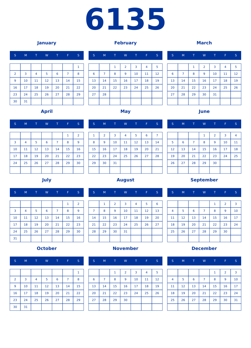 Printable 6135 Year Calendars smalt