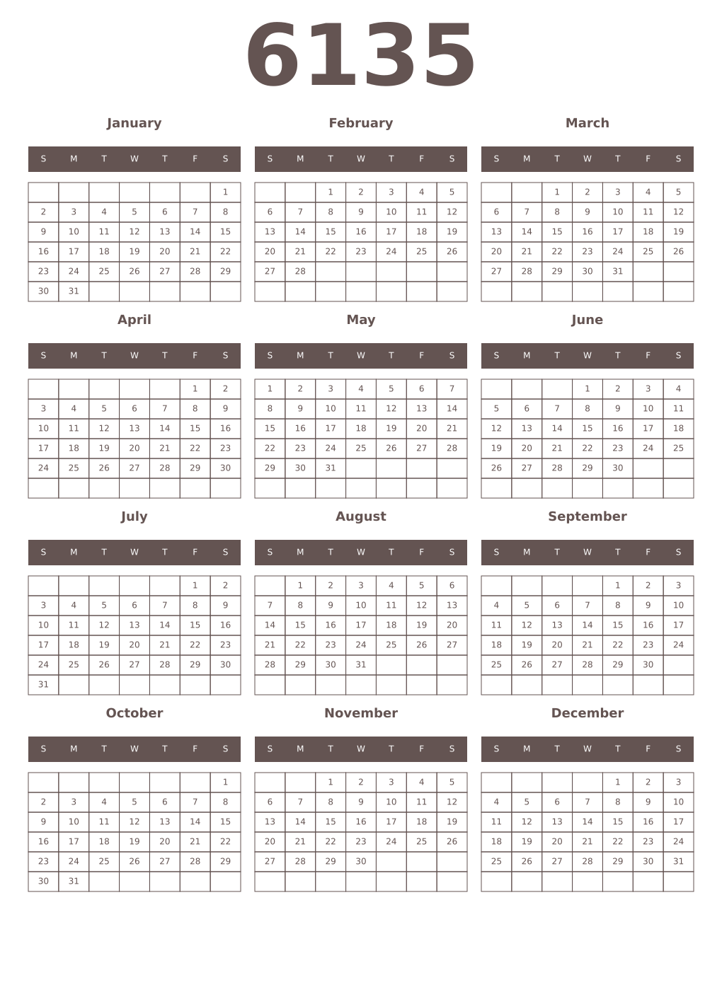 Printable 6135 Year Calendars wenge