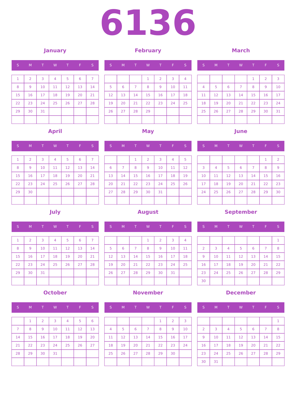 Printable 6136 Calendars