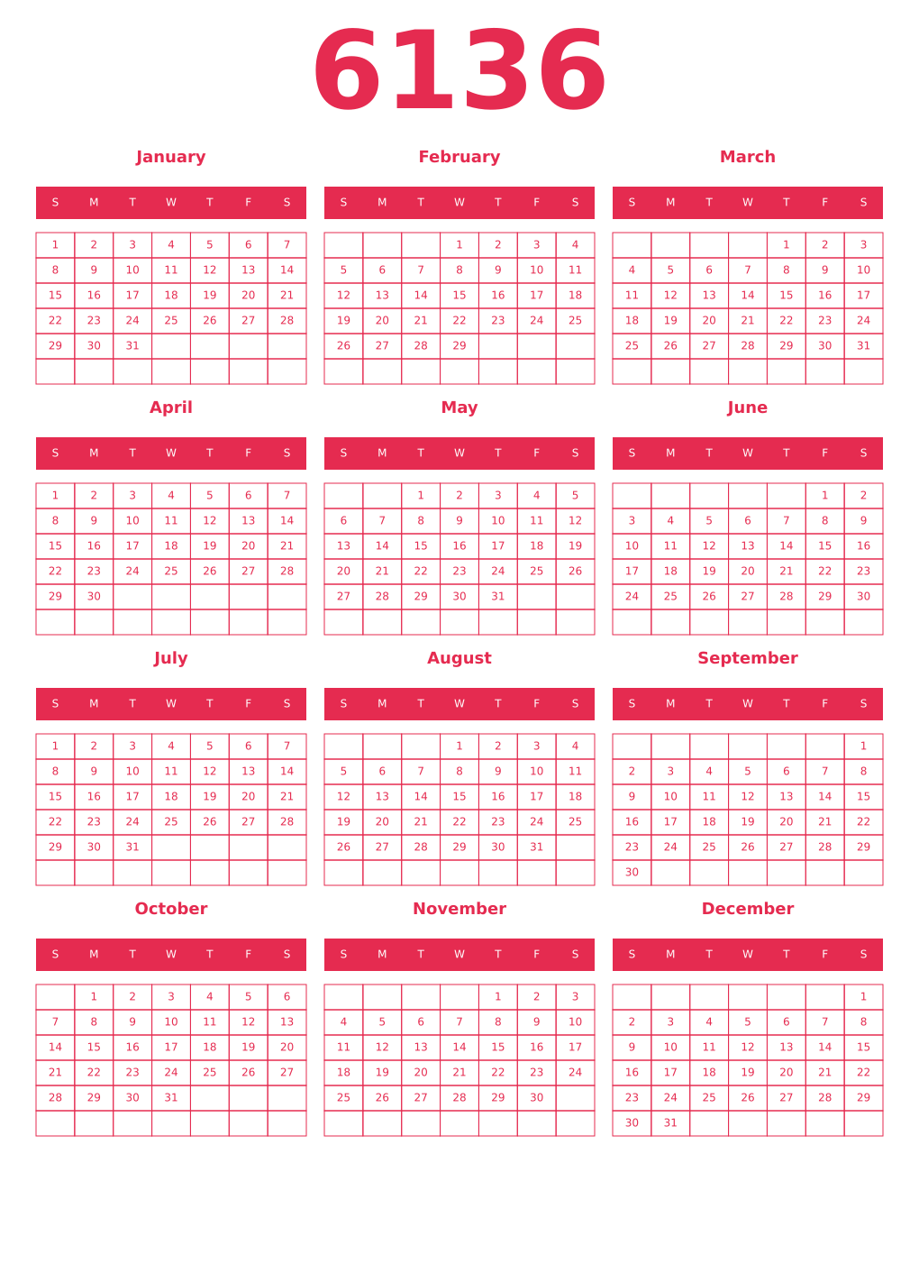 Printable 6136 Year Calendars amaranth