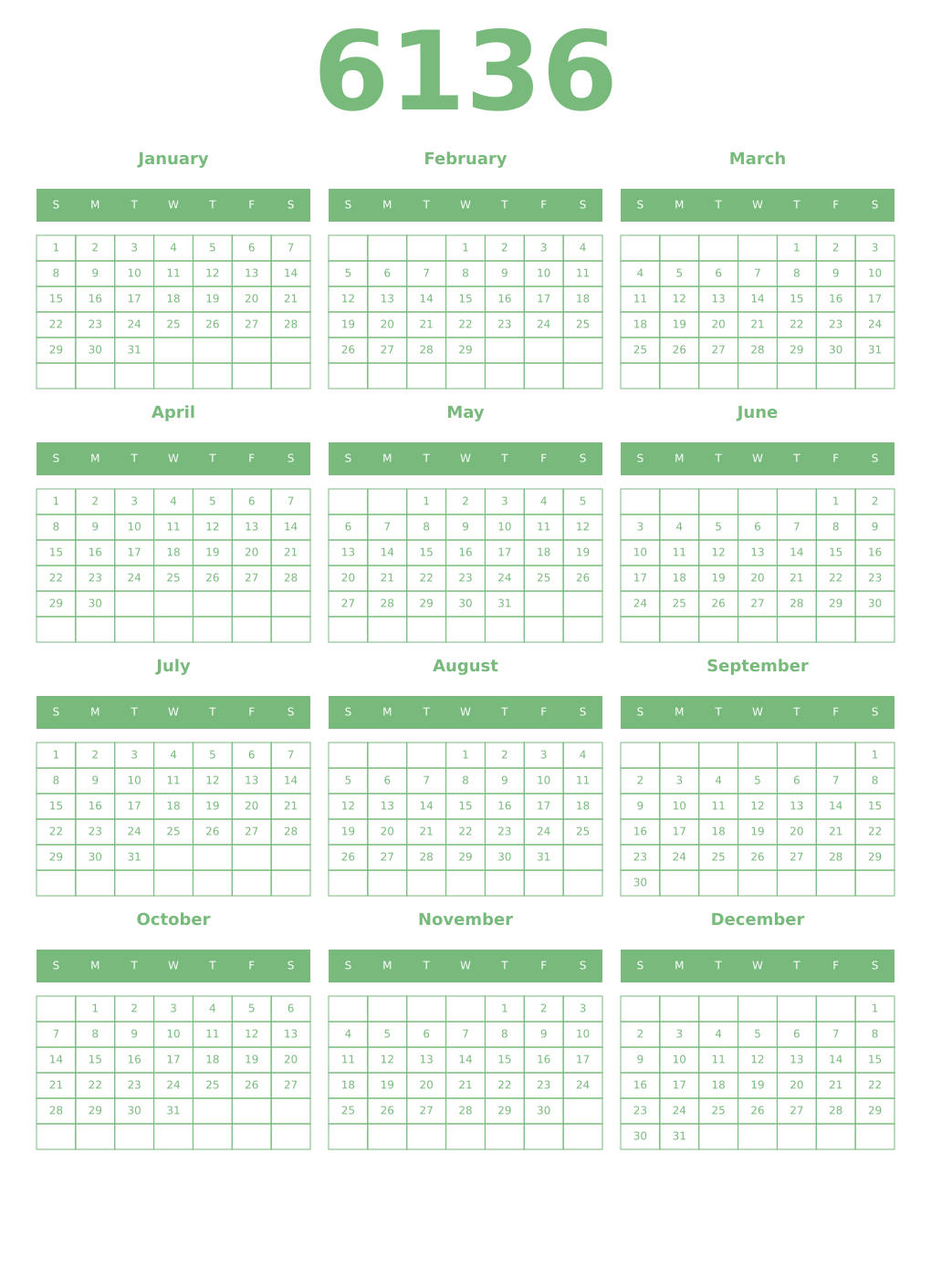 Printable 6136 Year Calendars celadon