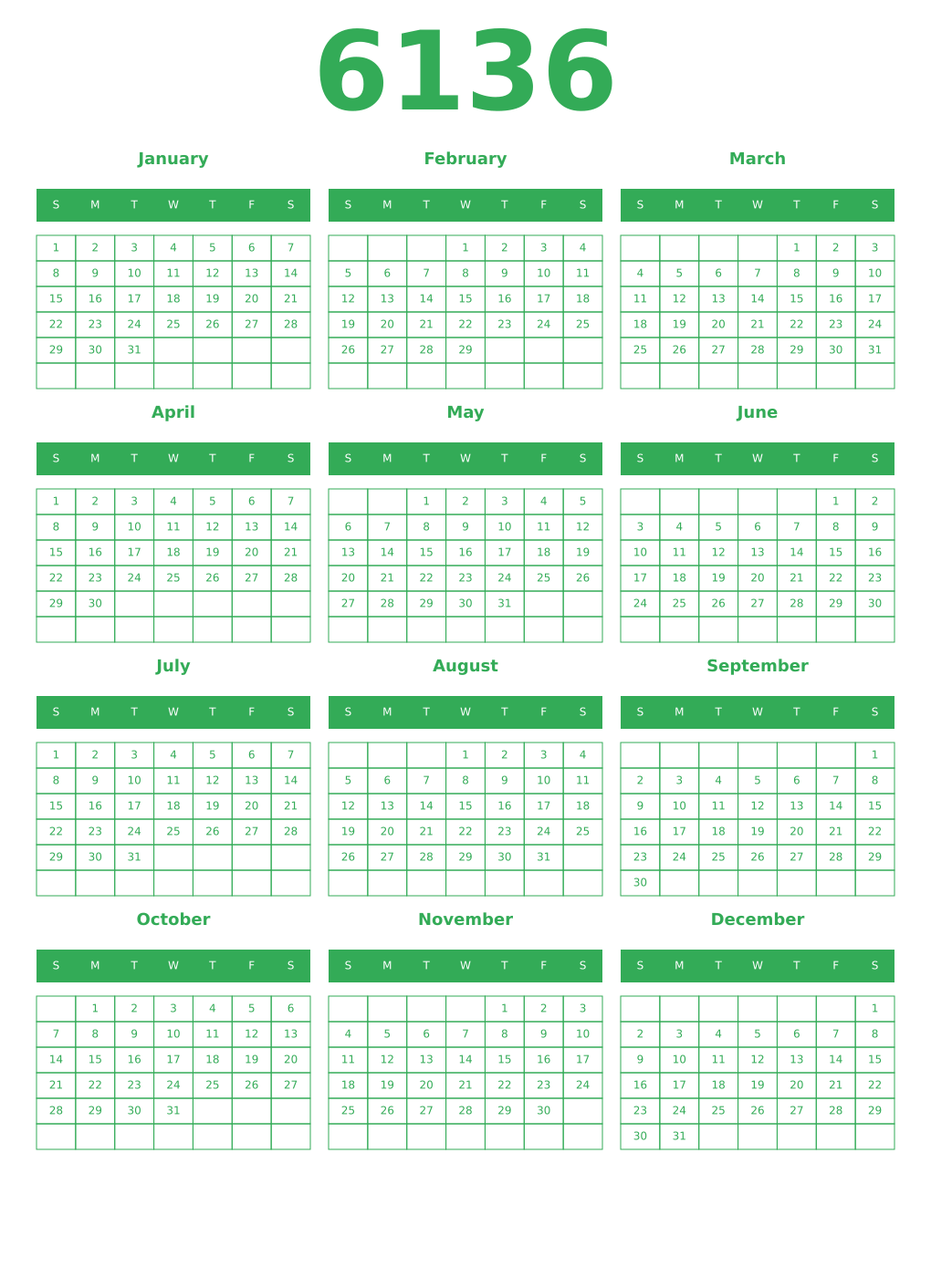 Printable 6136 Year Calendars green