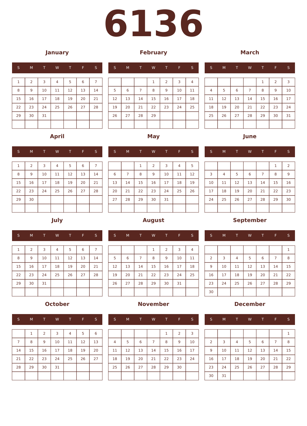 Printable 6136 Year Calendars mortuum