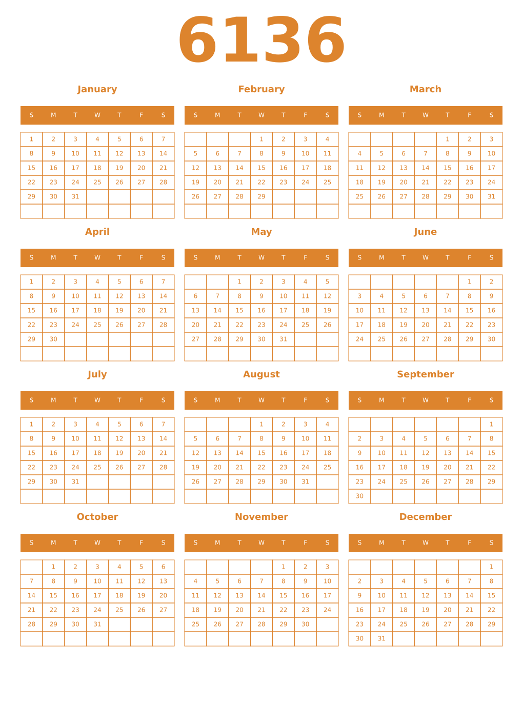 Printable 6136 Year Calendars orange