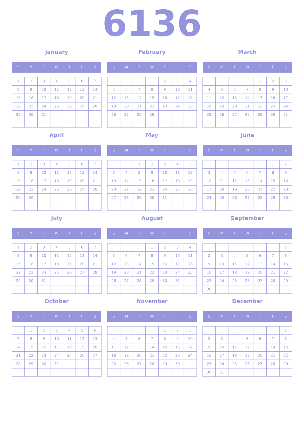 Printable 6136 Year Calendars periwinkle