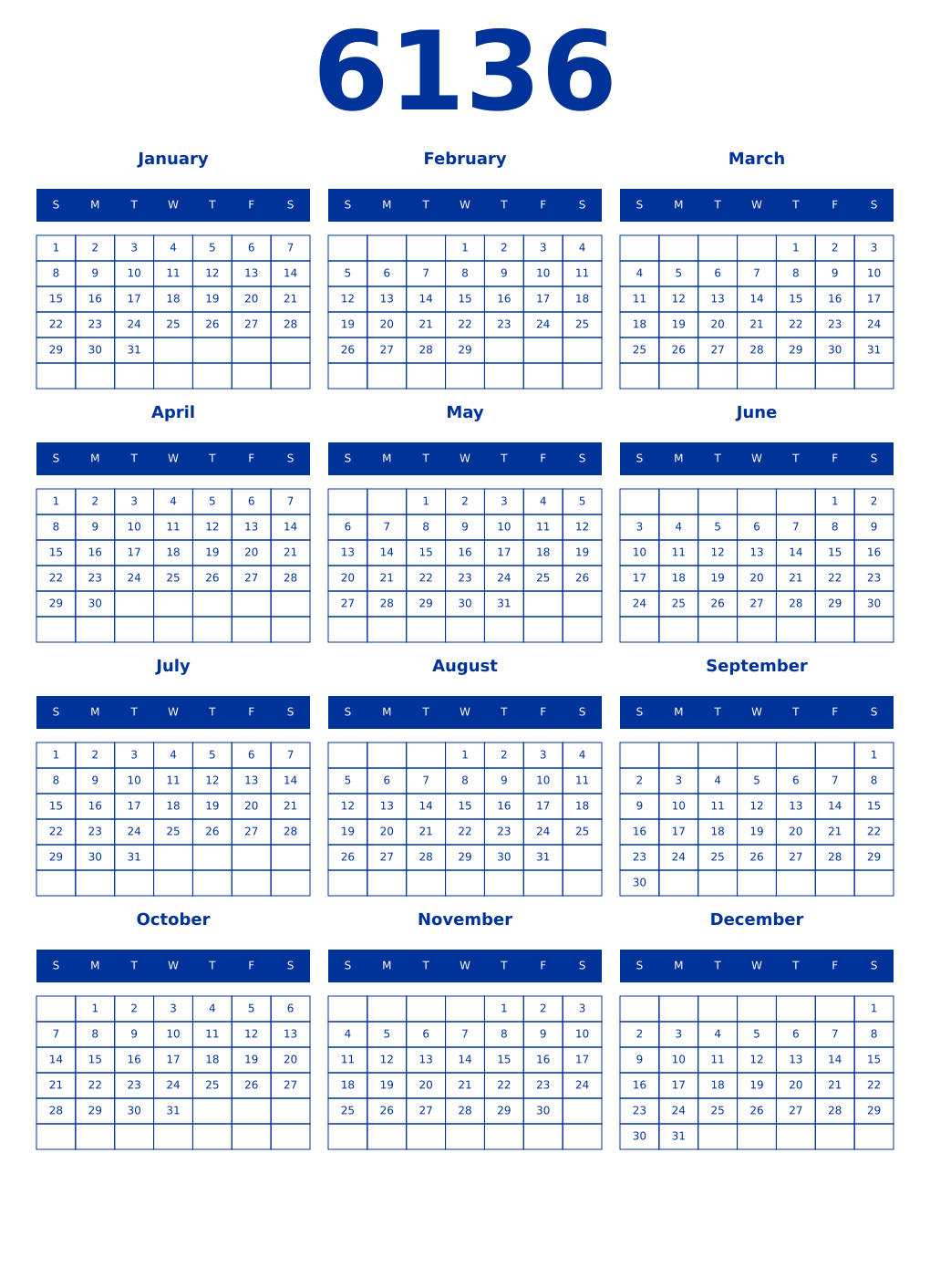 Printable 6136 Year Calendars smalt