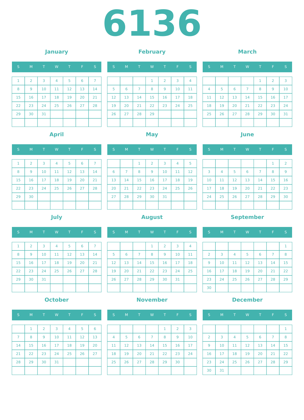 Printable 6136 Year Calendars verdigris