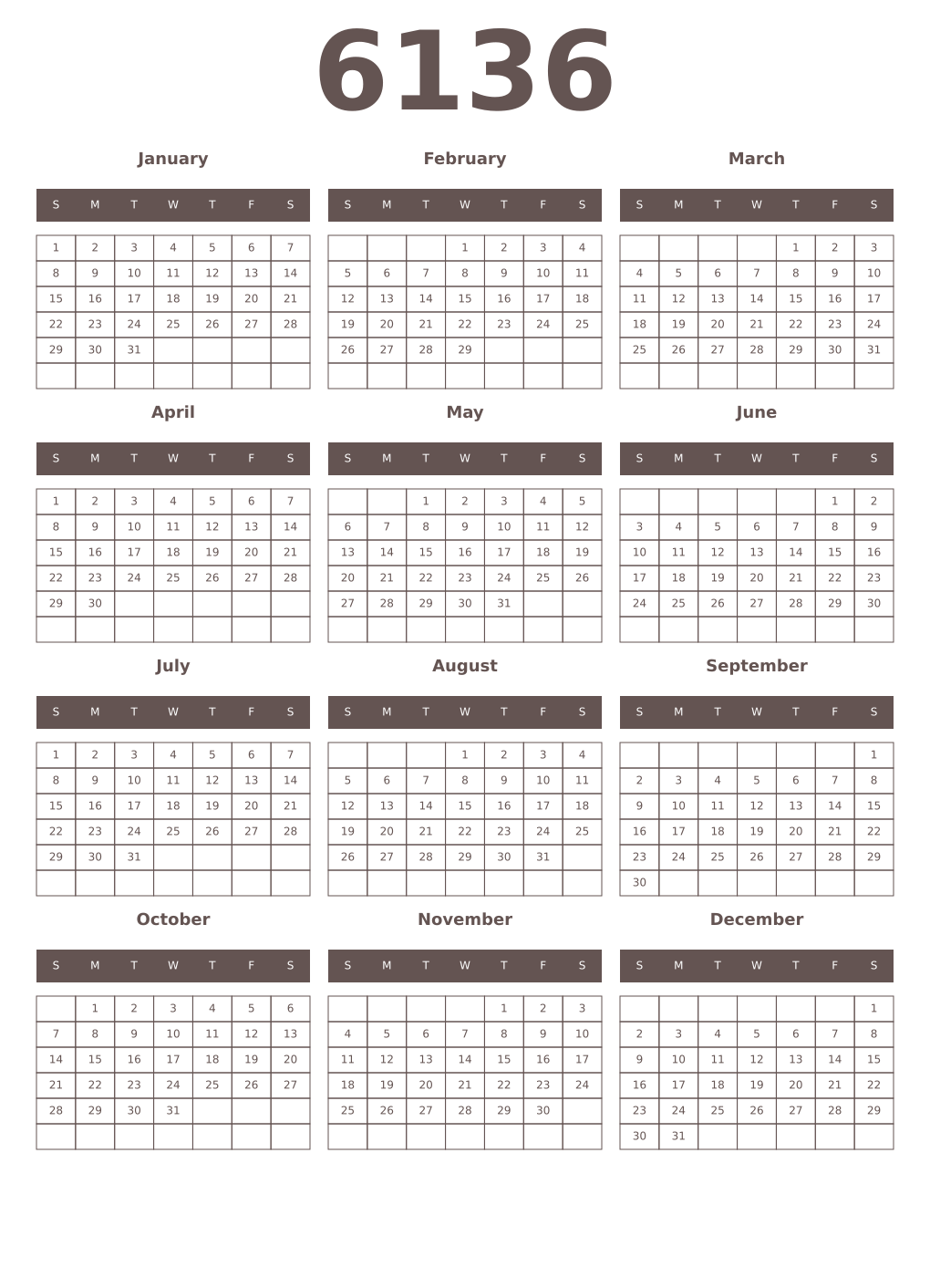 Printable 6136 Year Calendars wenge