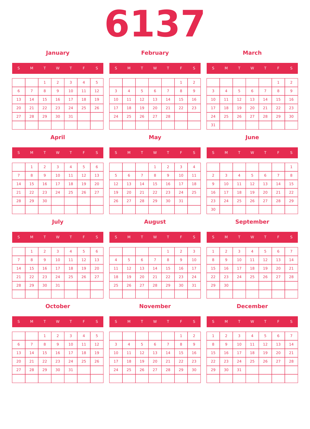 Printable 6137 Year Calendars amaranth