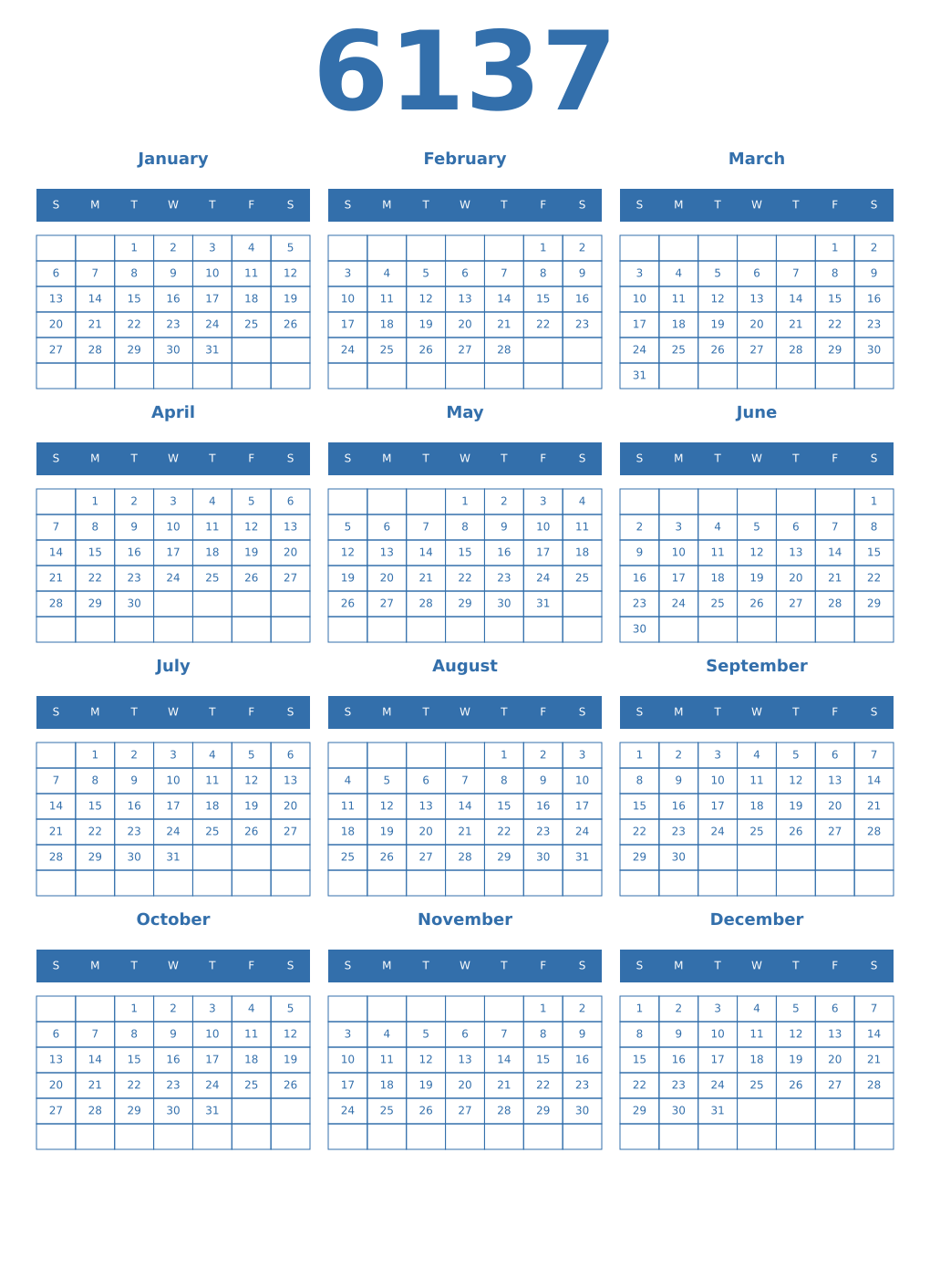 Printable 6137 Year Calendars blue