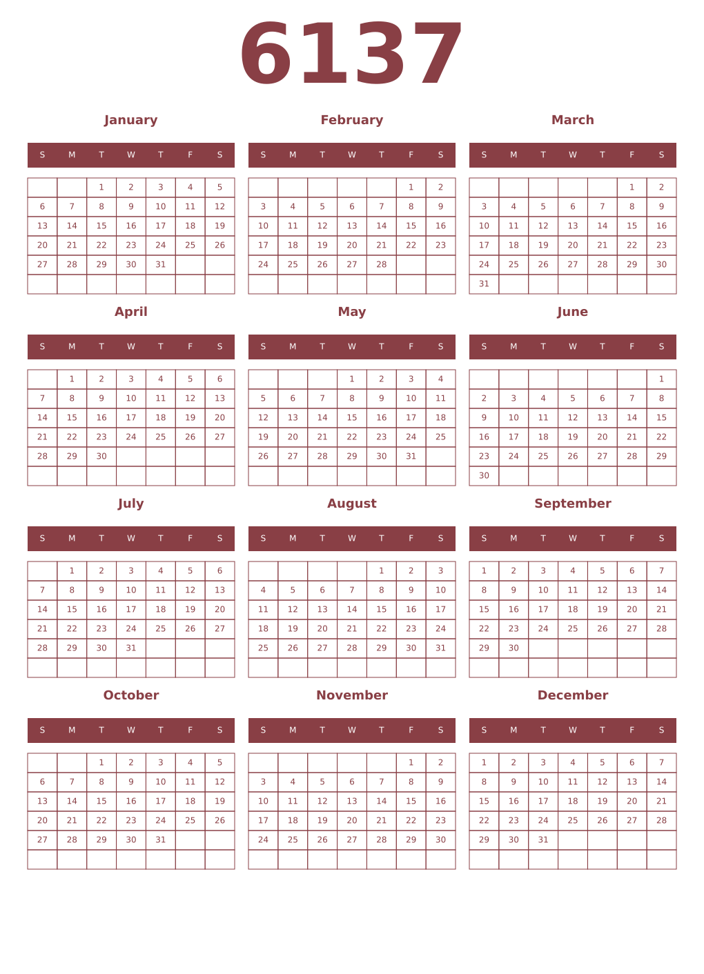 Printable 6137 Year Calendars cordovan