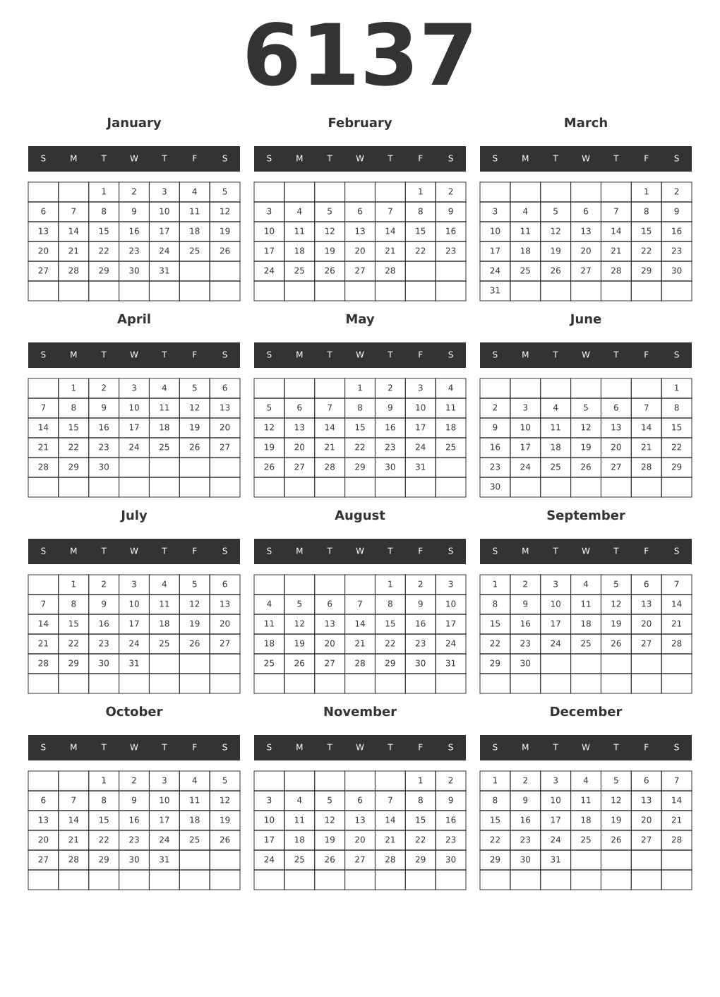 Printable 6137 Year Calendars dark