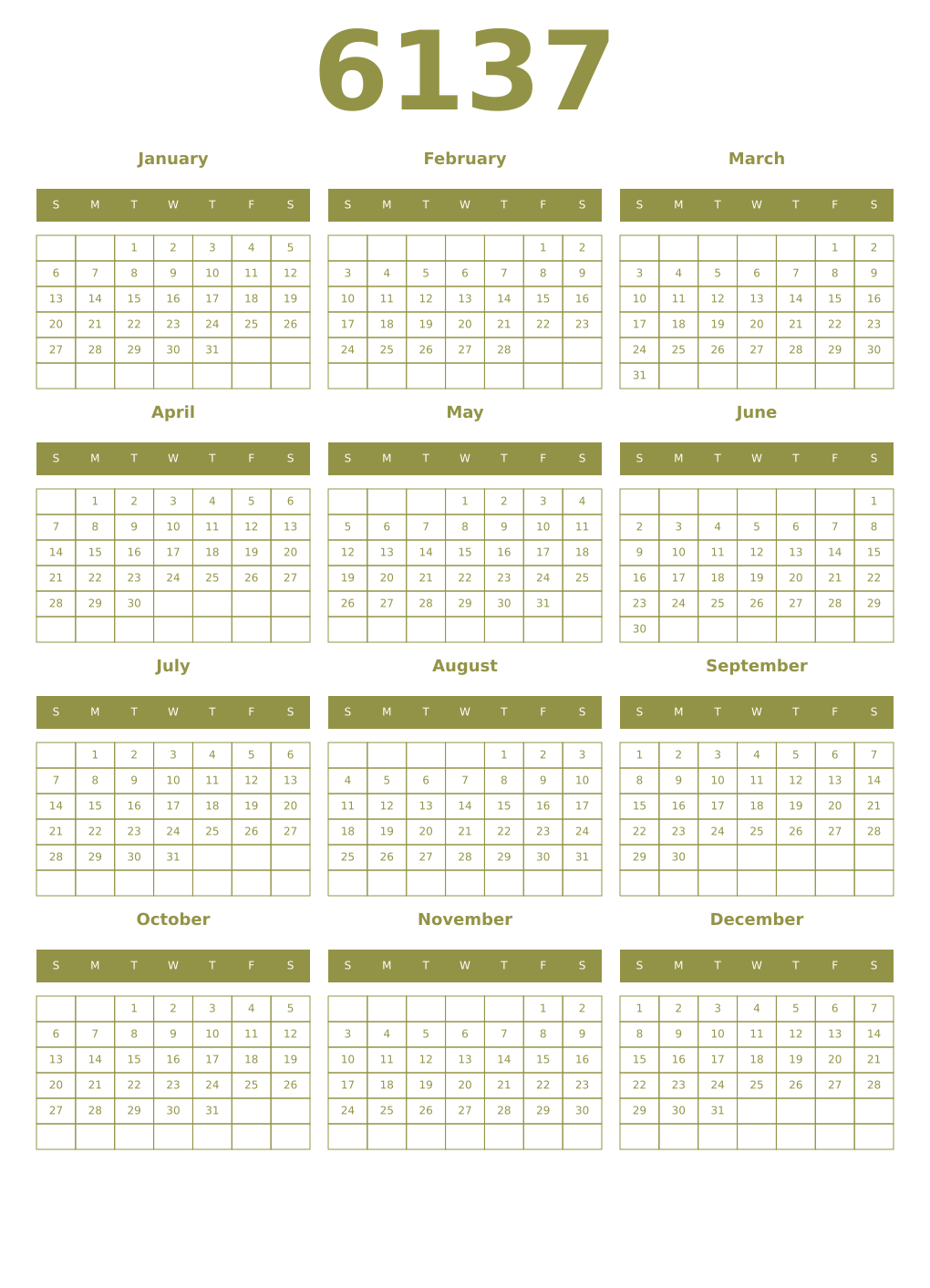 Printable 6137 Year Calendars eburnean