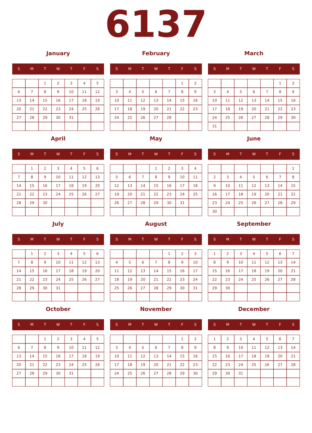 Printable 6137 Year Calendars falu