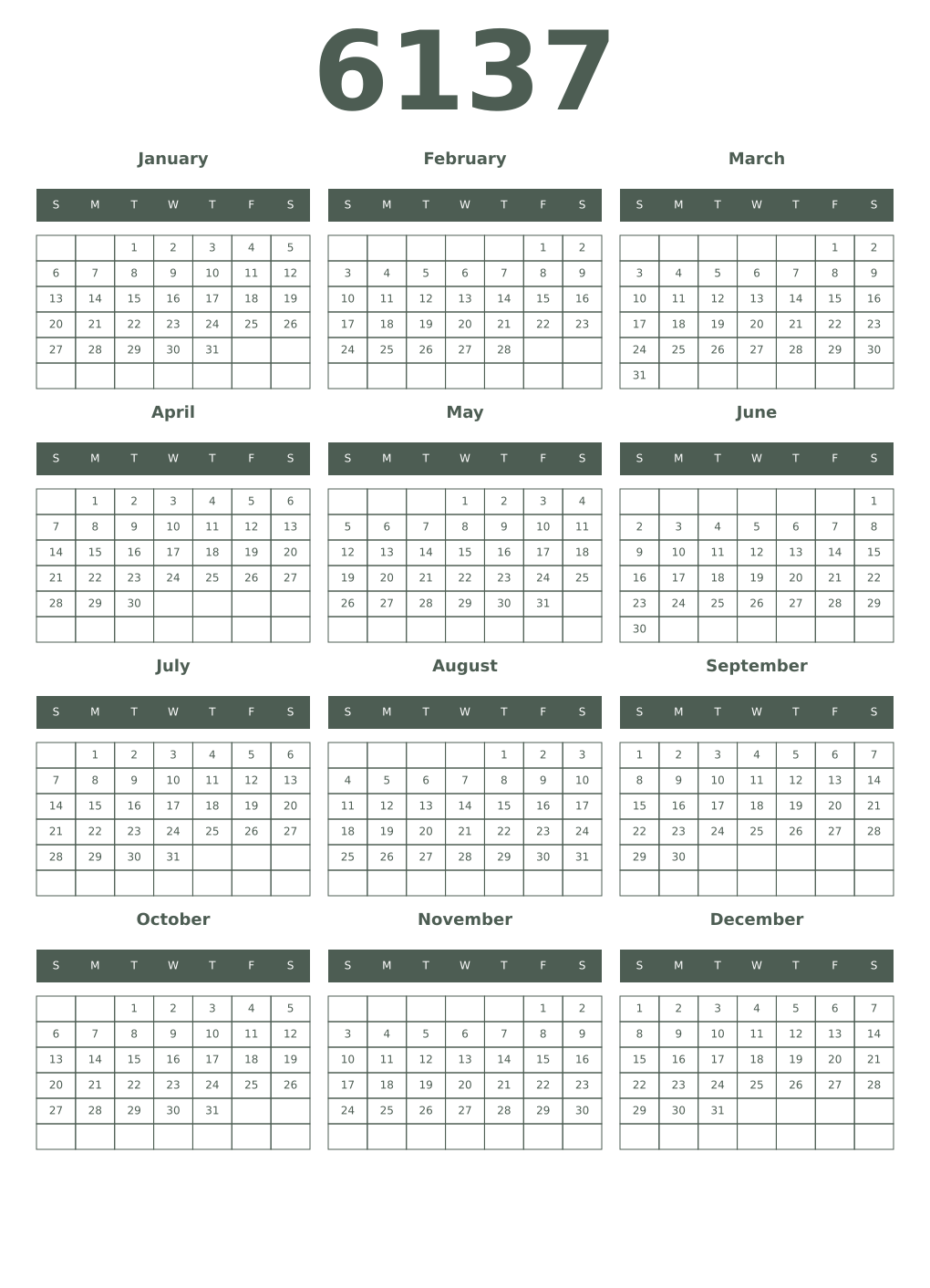 Printable 6137 Year Calendars feldgrau