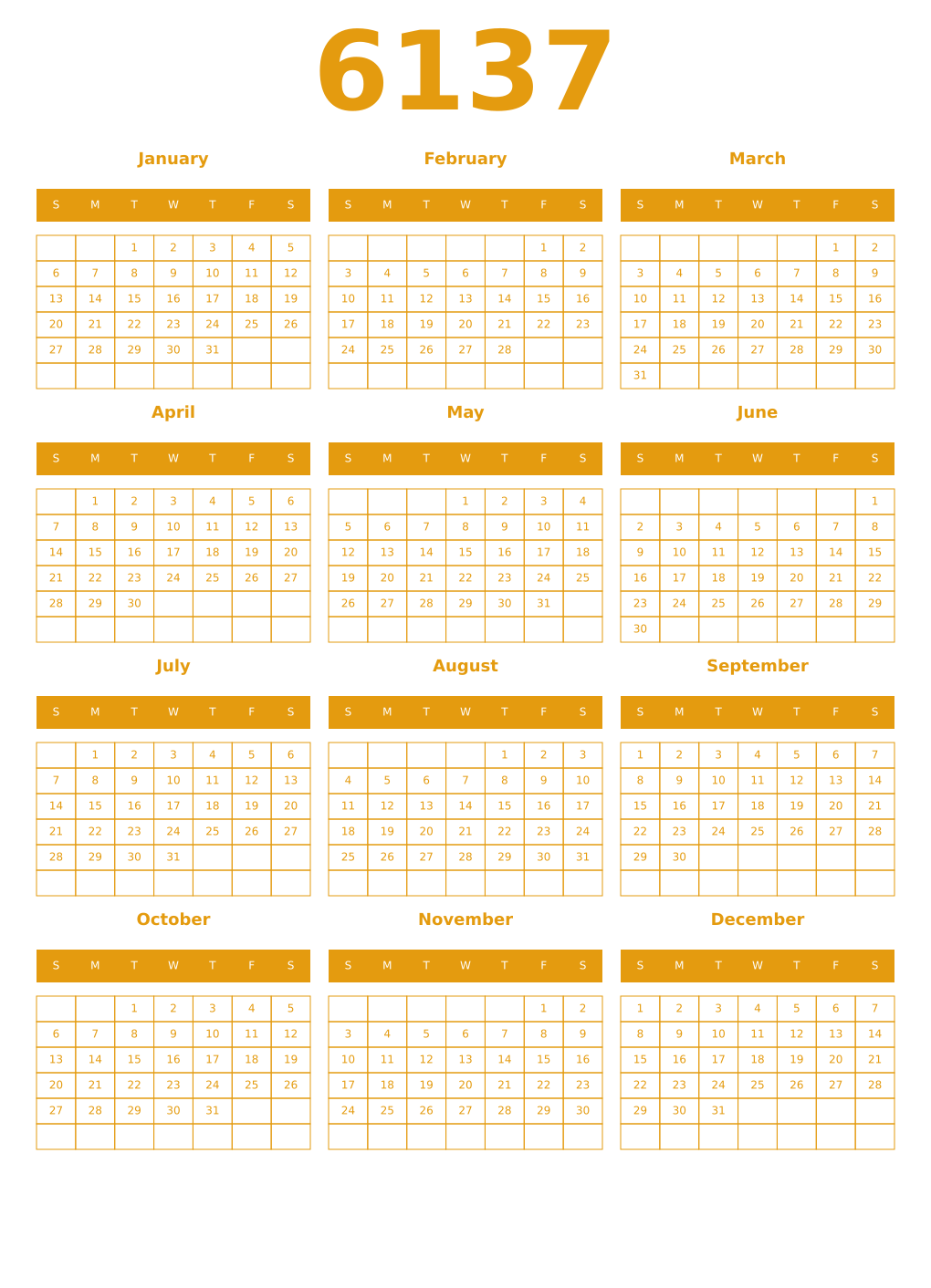 Printable 6137 Year Calendars gamboge