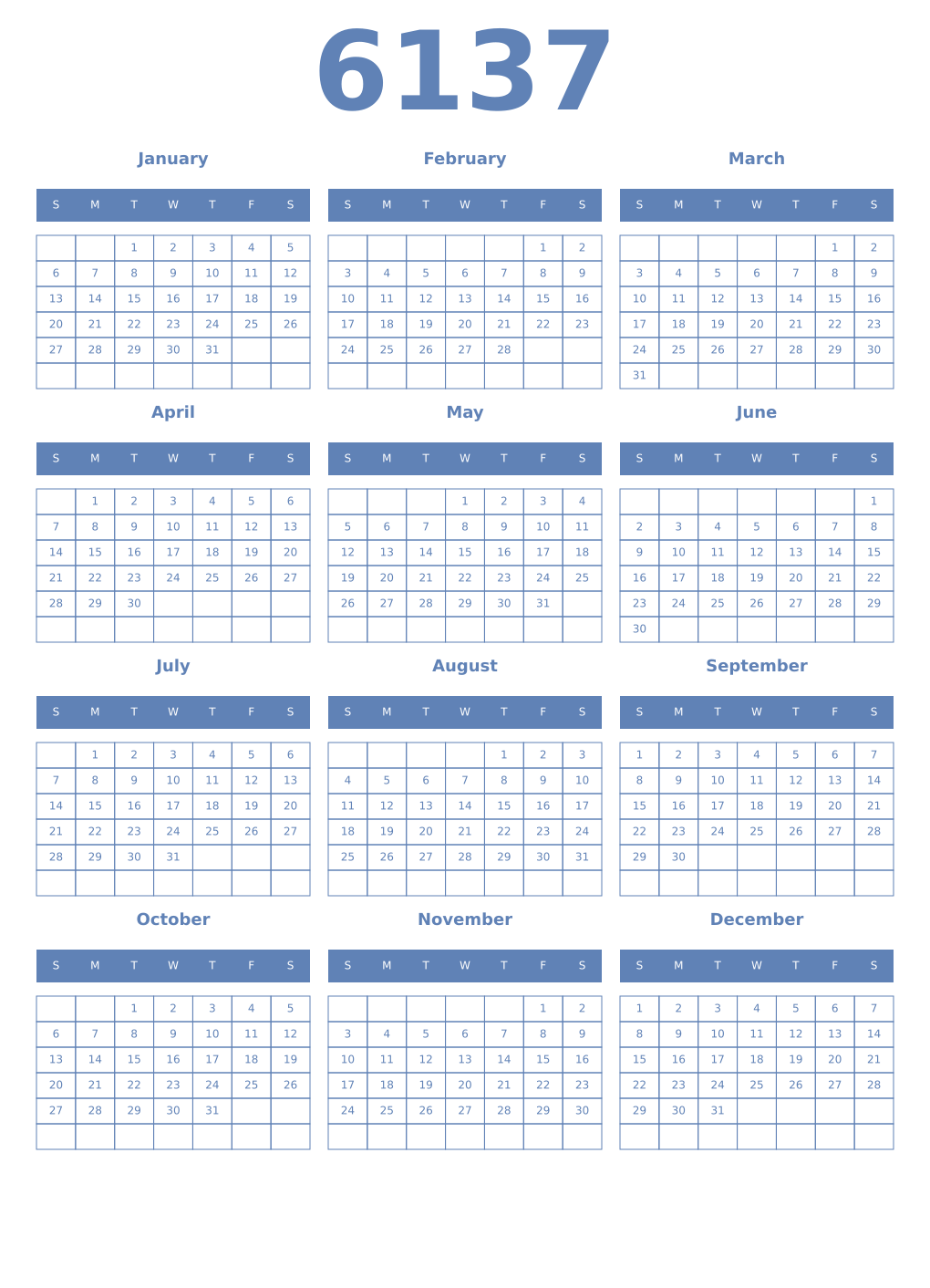 Printable 6137 Year Calendars glaucous
