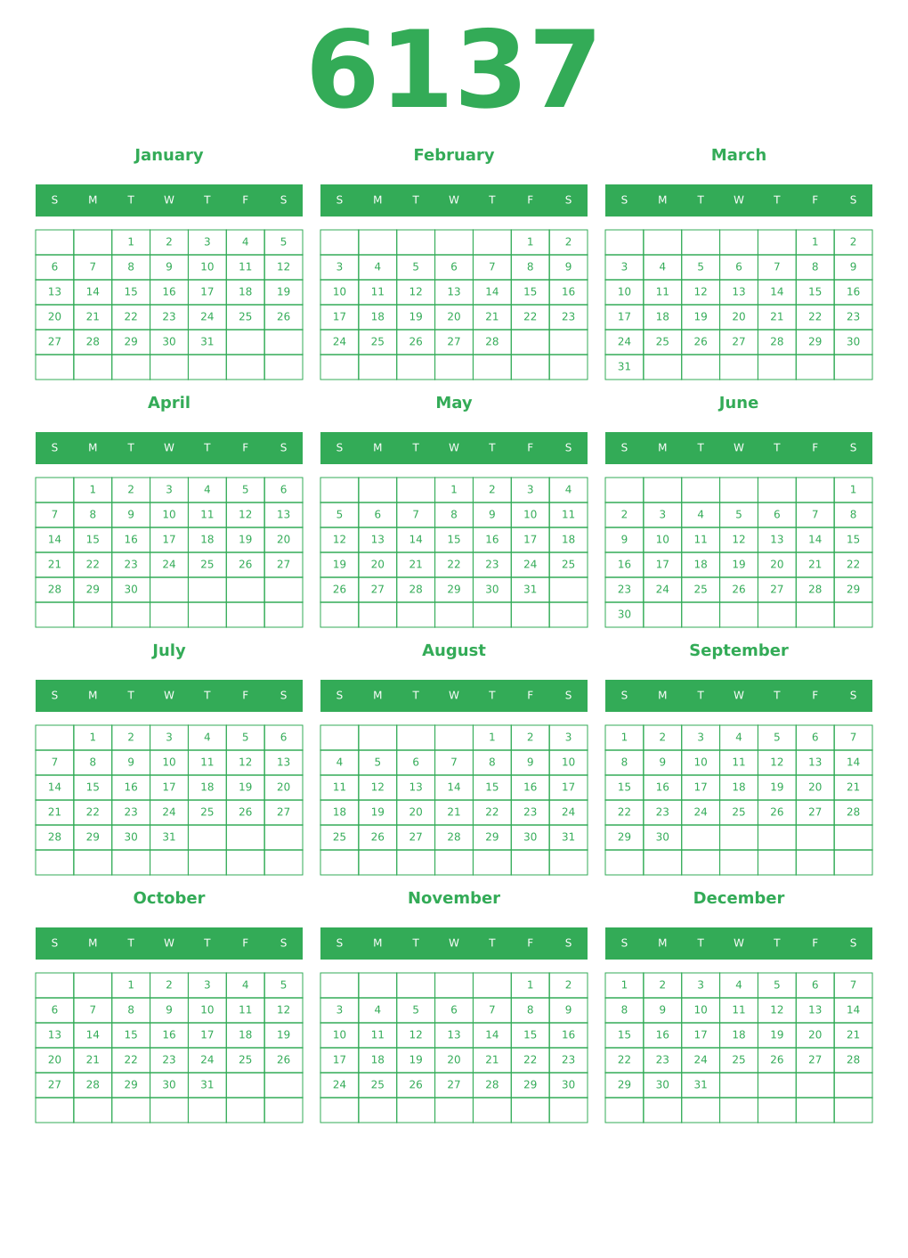 Printable 6137 Year Calendars green