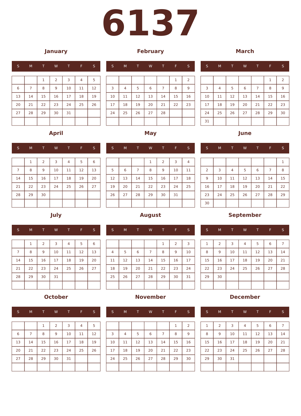 Printable 6137 Year Calendars mortuum