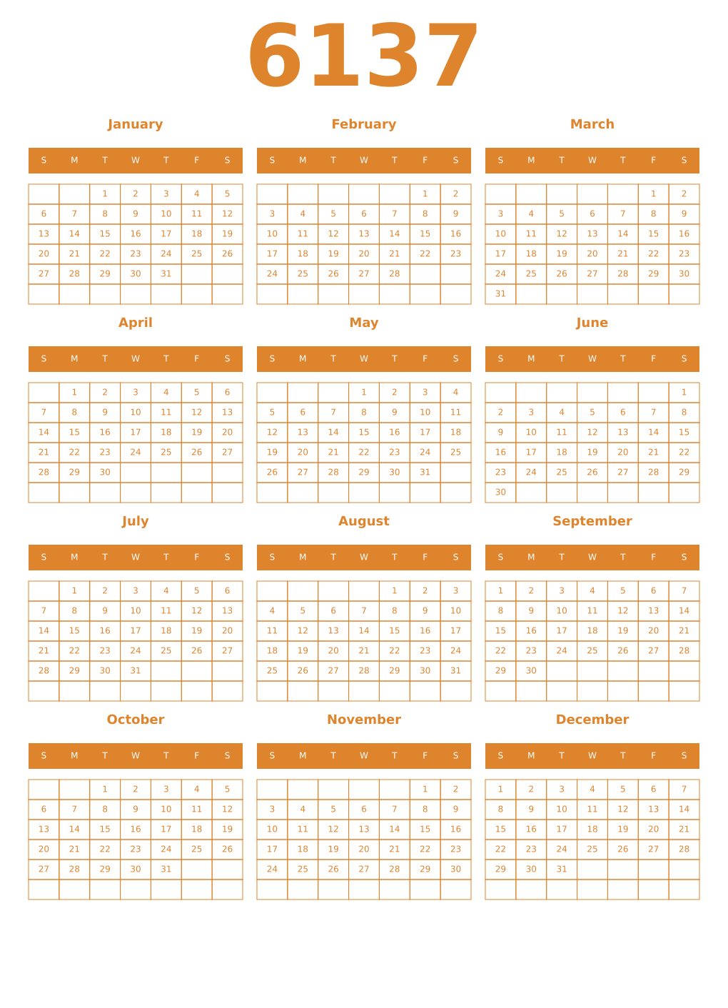 Printable 6137 Year Calendars orange
