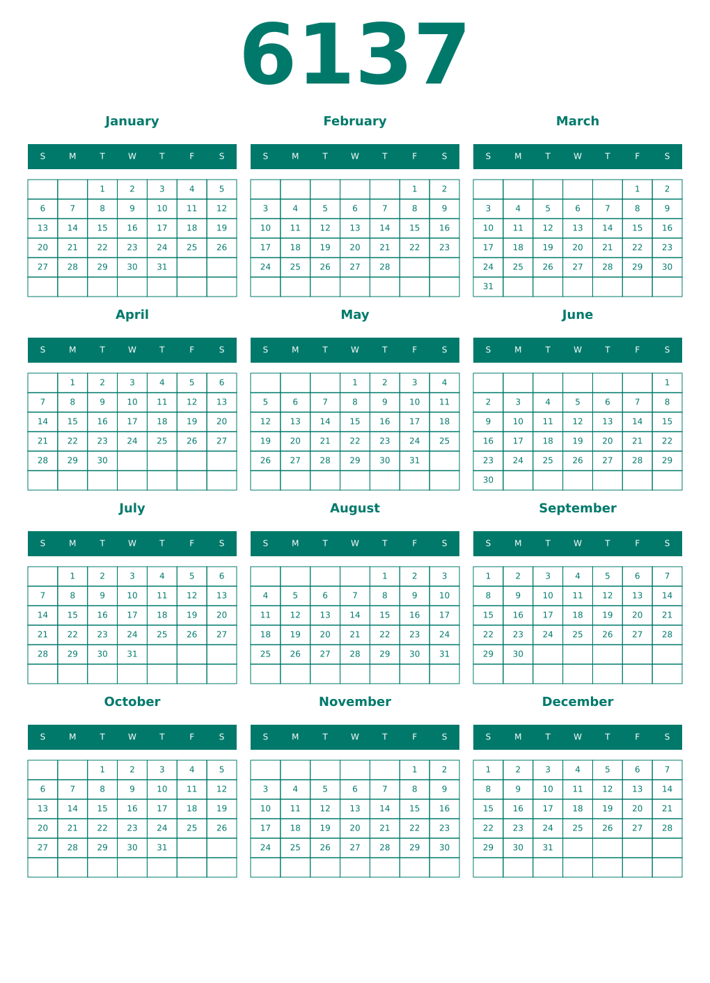 Printable 6137 Year Calendars pastel