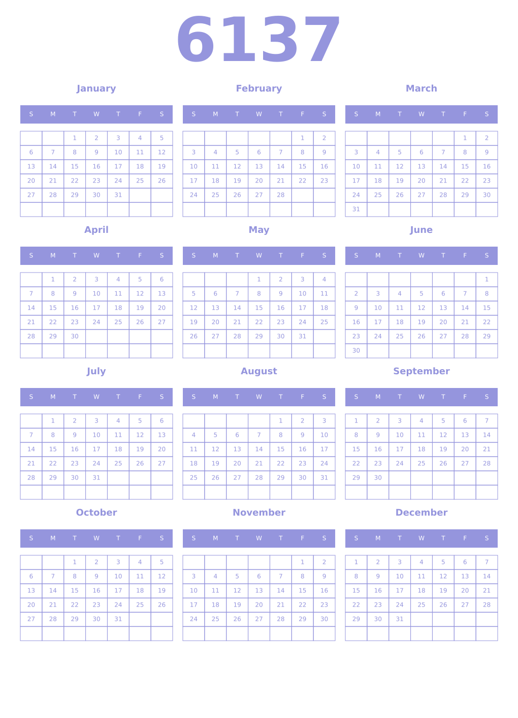 Printable 6137 Year Calendars periwinkle