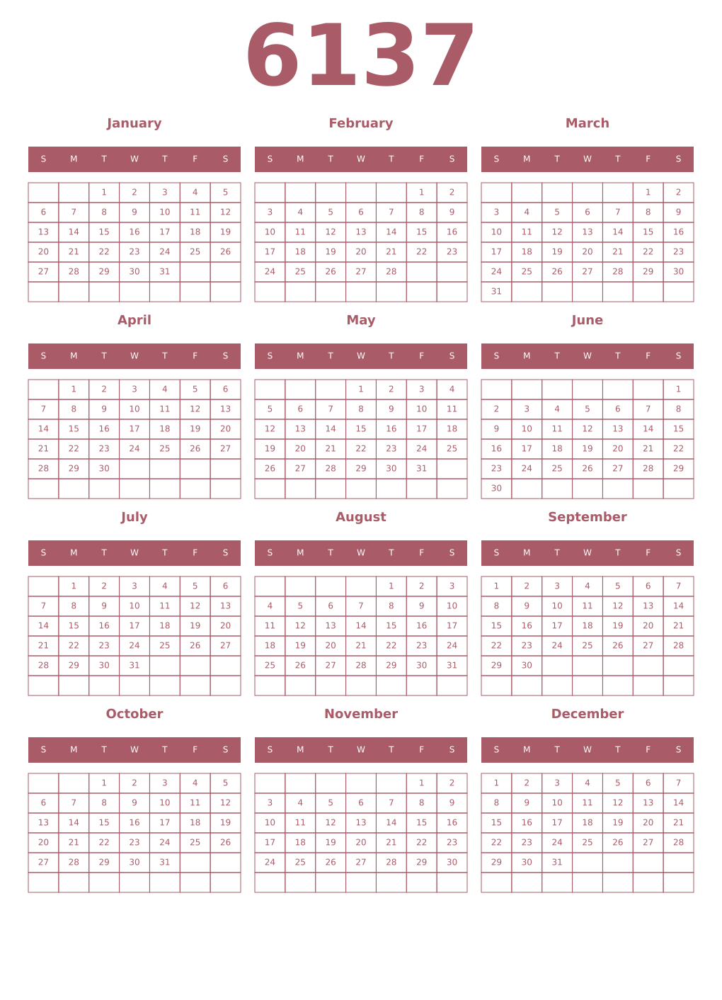 Printable 6137 Year Calendars puce