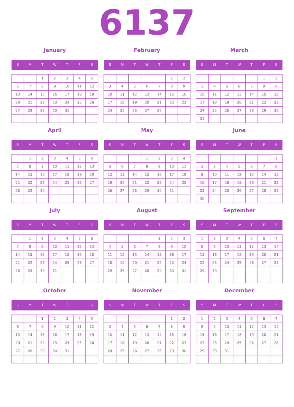 Printable 6137 Year Calendars purple