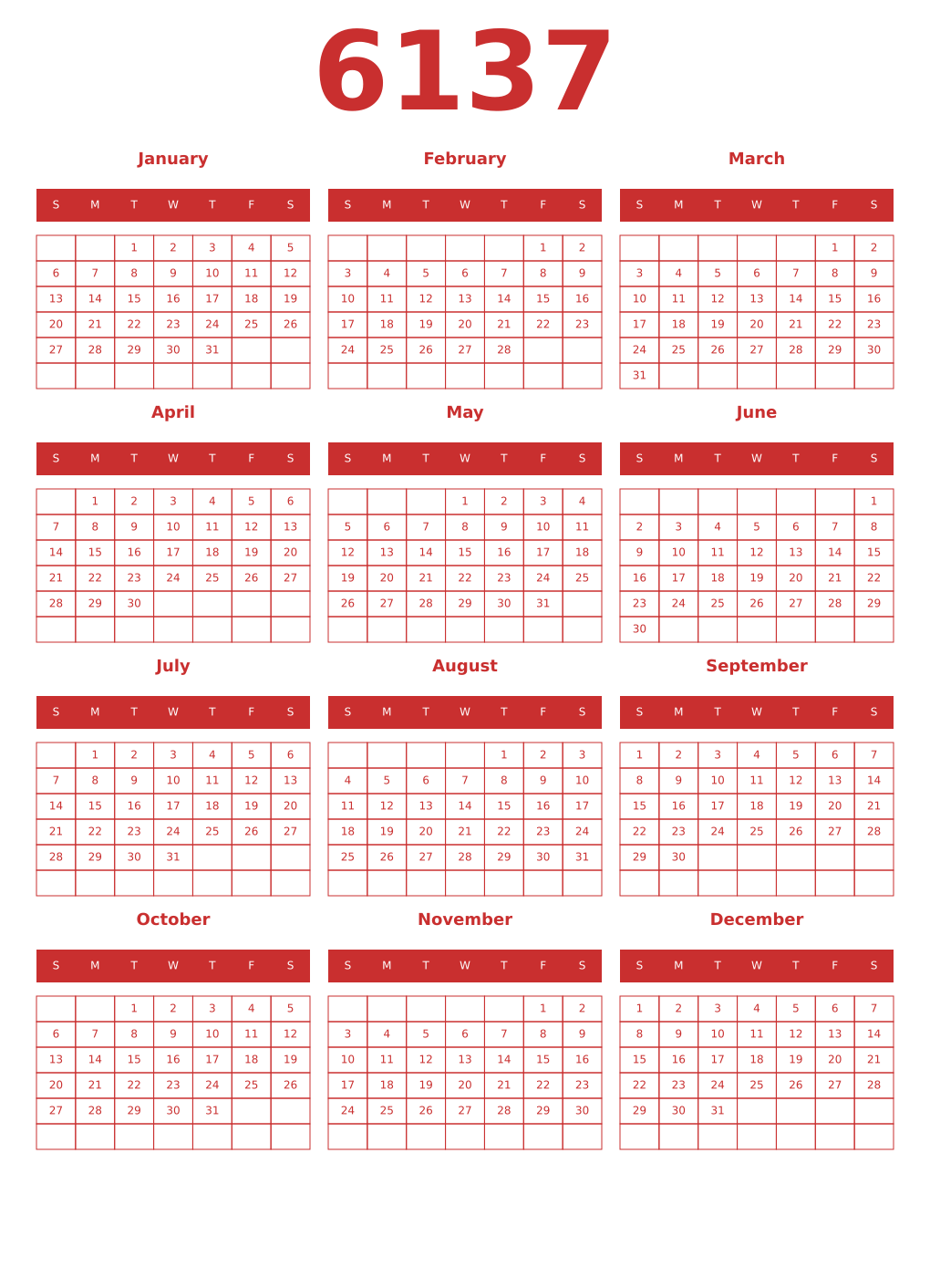 Printable 6137 Year Calendars red