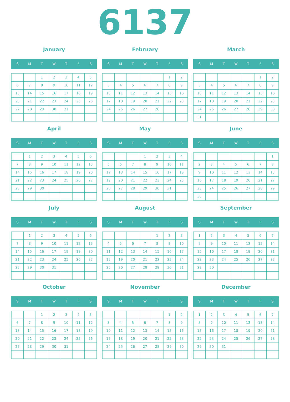 Printable 6137 Year Calendars verdigris