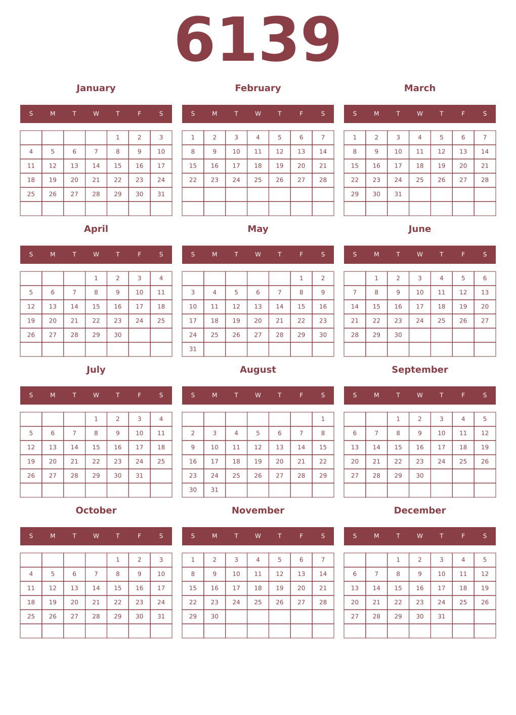 Printable 6139 Year Calendars cordovan