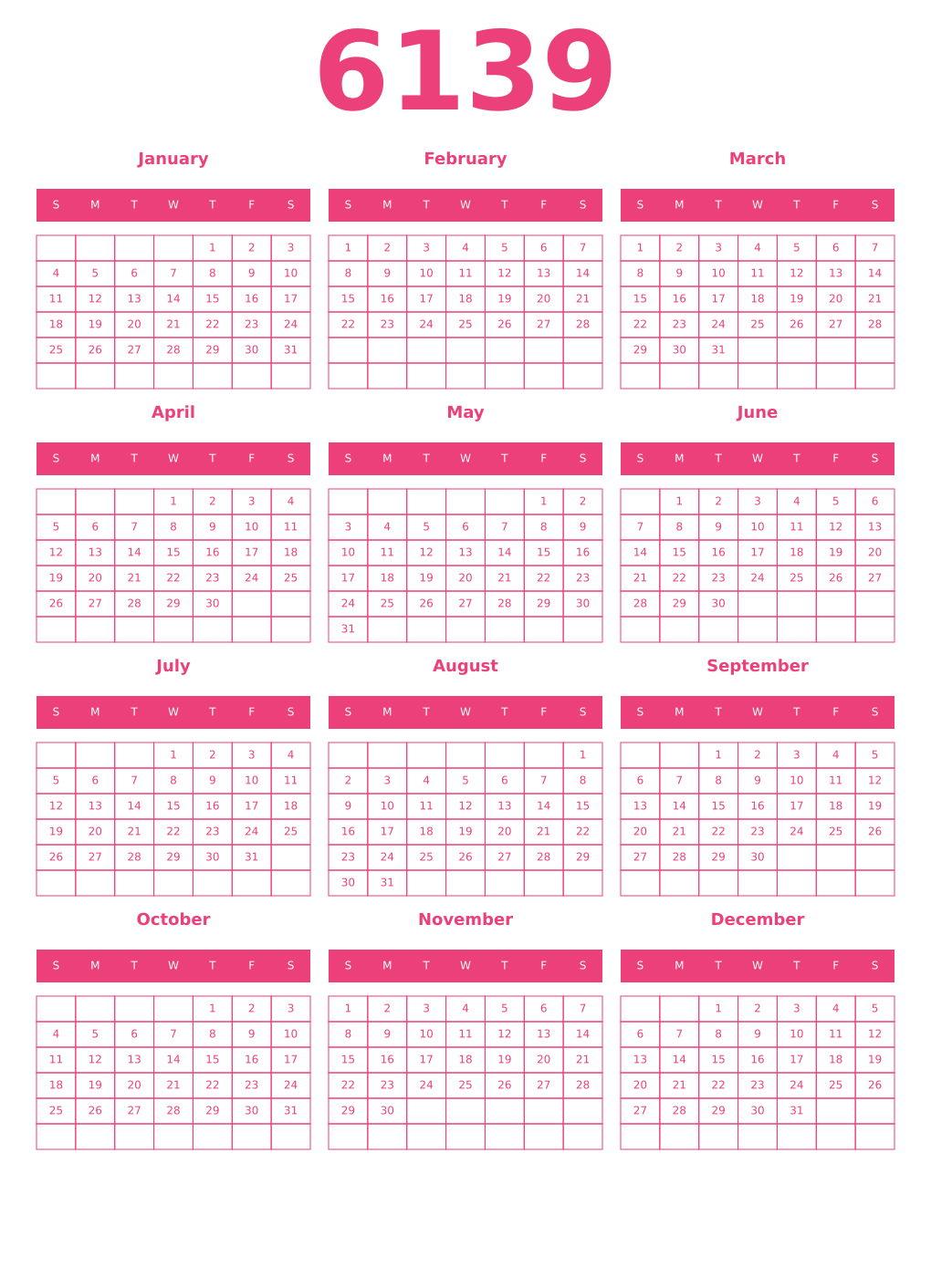 Printable 6139 Year Calendars pink