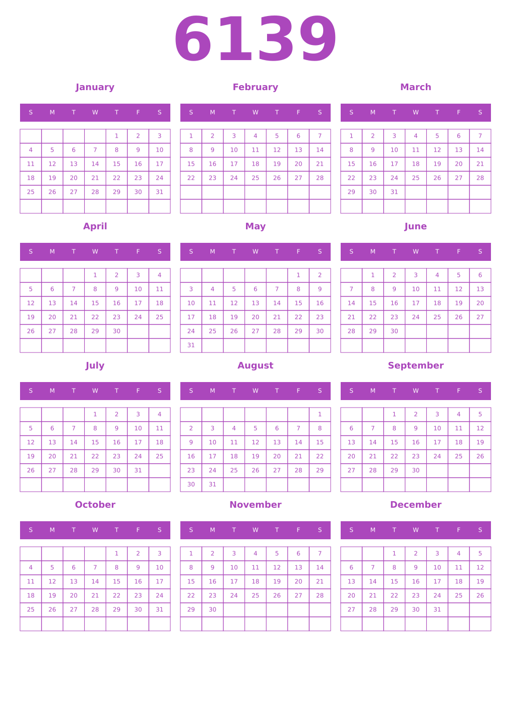 Printable 6139 Year Calendars purple