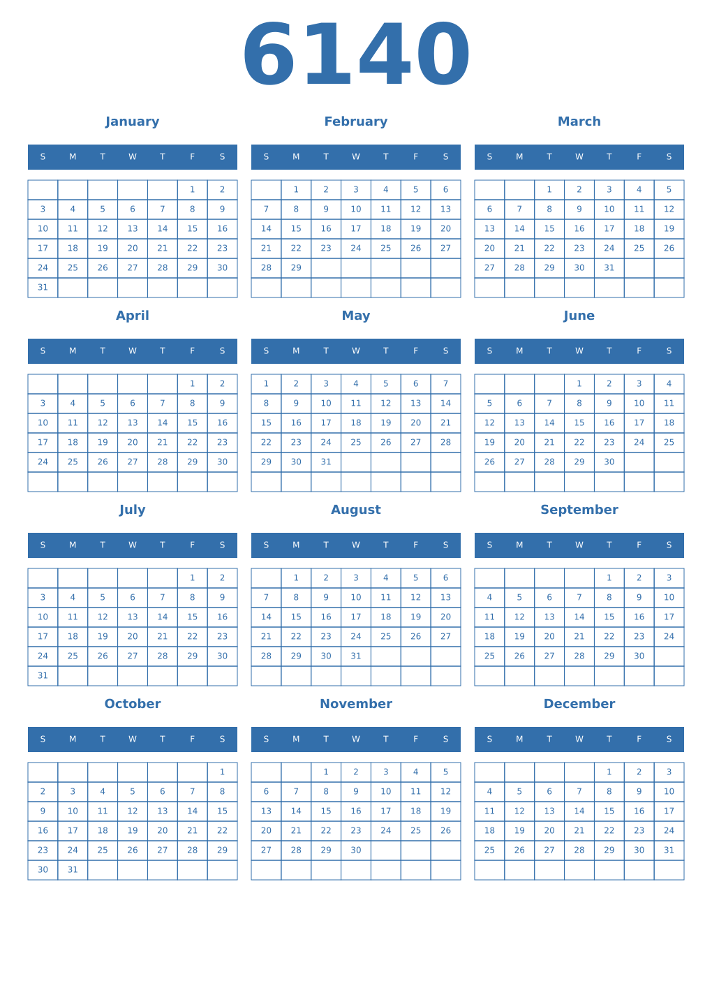 Printable 6140 Year Calendars blue