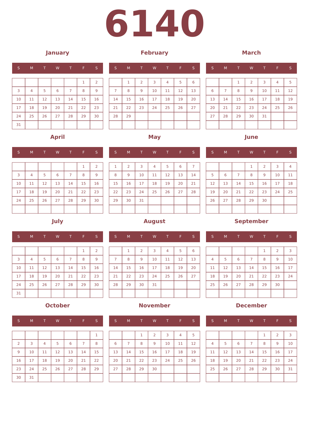 Printable 6140 Year Calendars cordovan