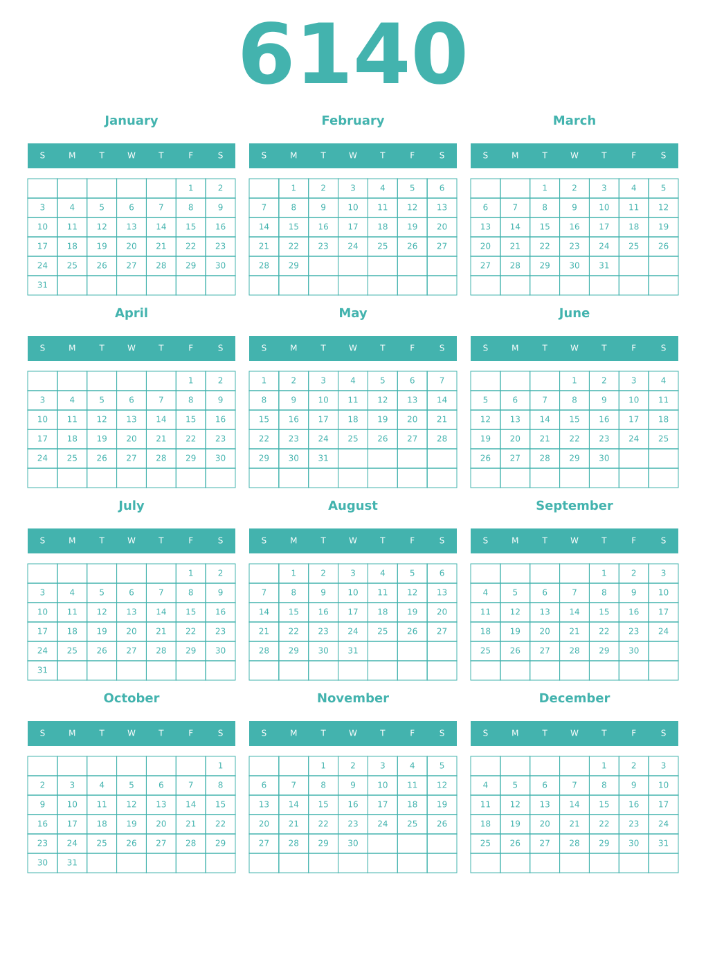 Printable 6140 Year Calendars verdigris