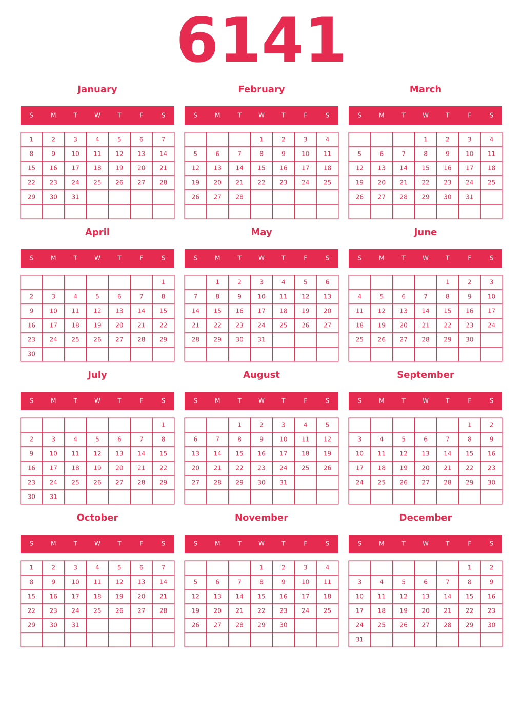 Printable 6141 Year Calendars amaranth