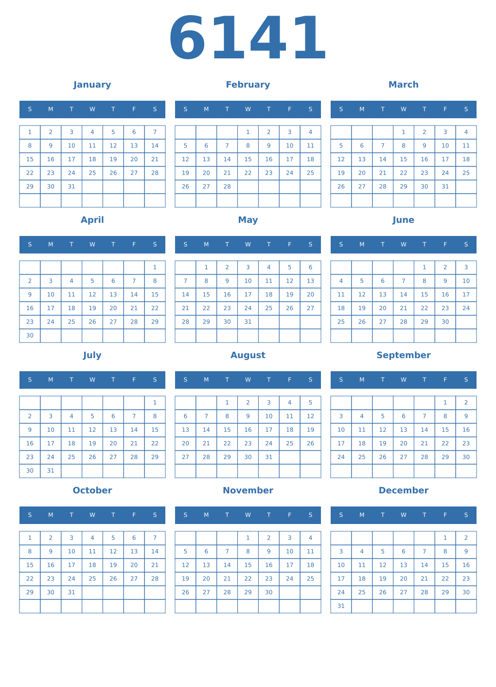 Printable 6141 Year Calendars blue